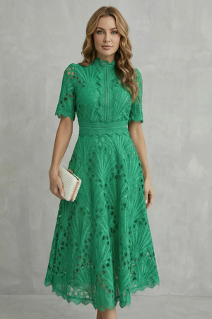 Ornate Lace High-Neck Midi Dress