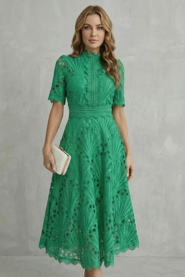 Ornate Lace High-Neck Midi Dress