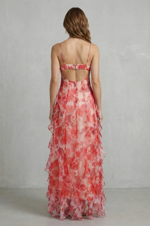 Watercolour Bloom Ruffled Chiffon Maxi Dress
