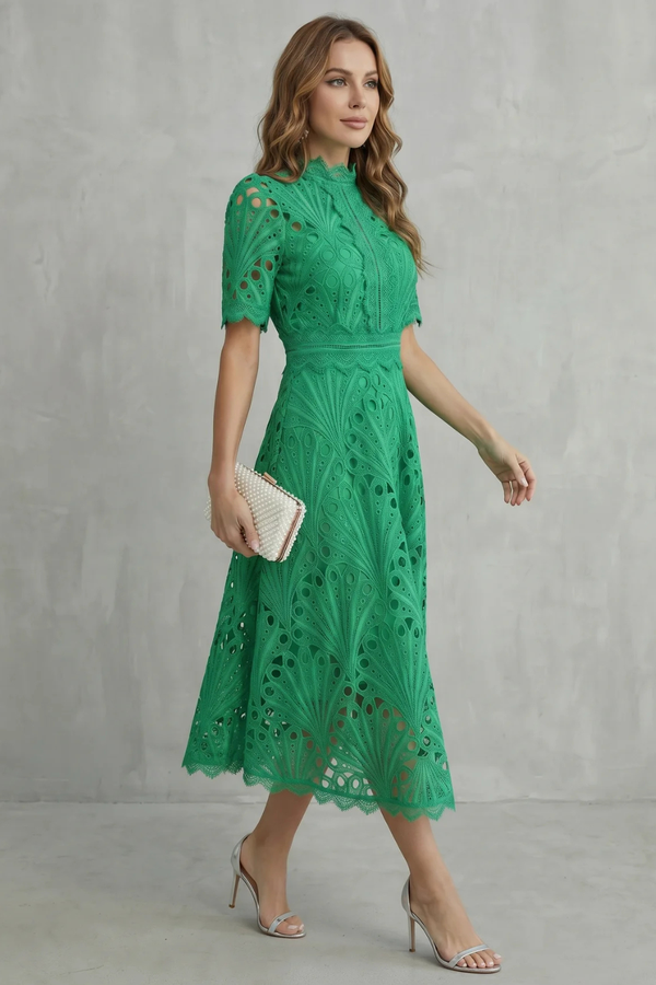Ornate Lace High-Neck Midi Dress