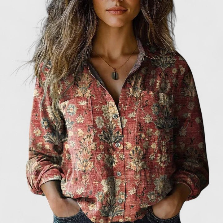 Vintage Floral Print Long Sleeve Button-Down Shirt