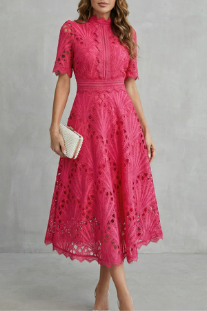 Ornate Lace High-Neck Midi Dress
