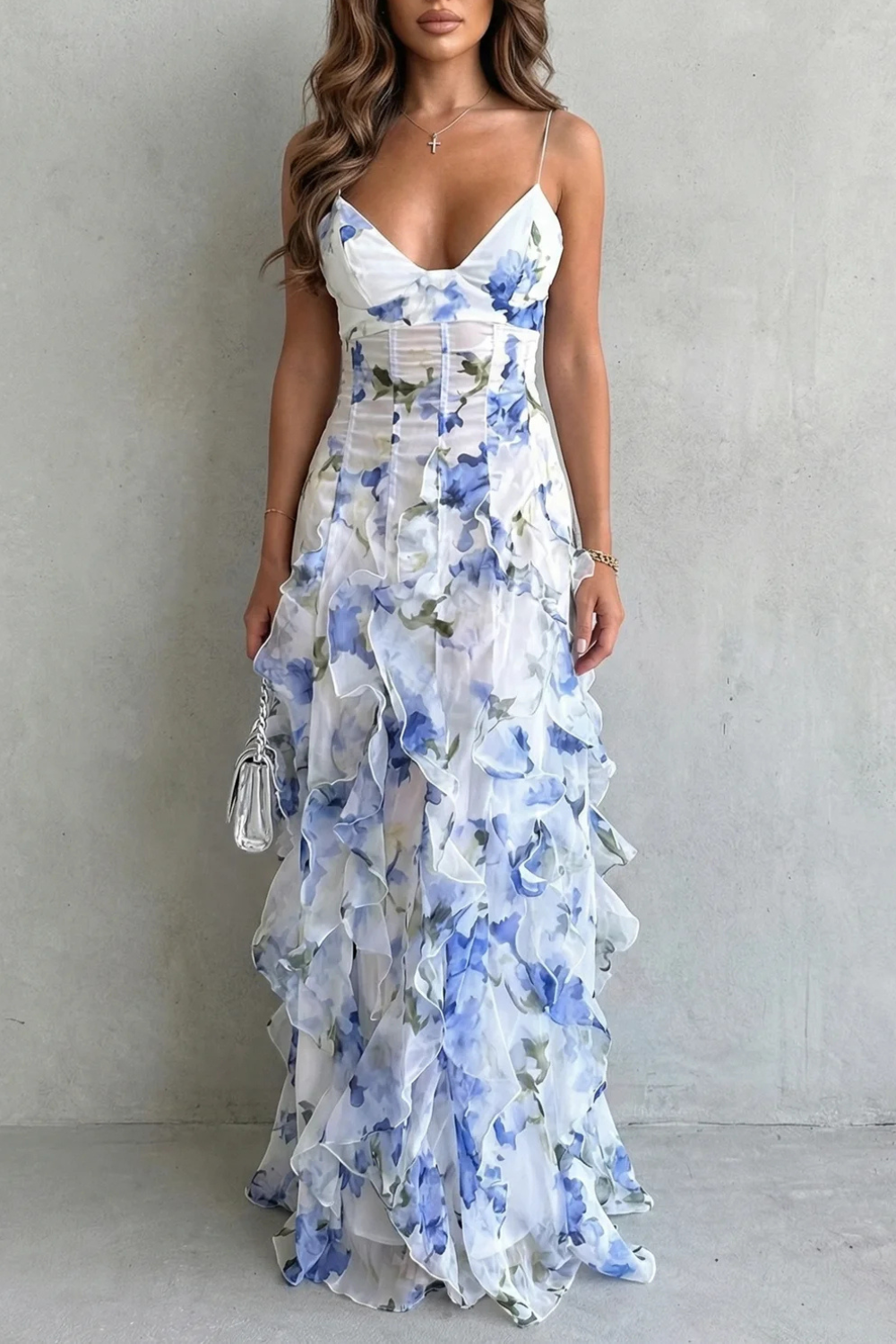 Sheer Floral Cascade Ruffled Evening Maxi Dress