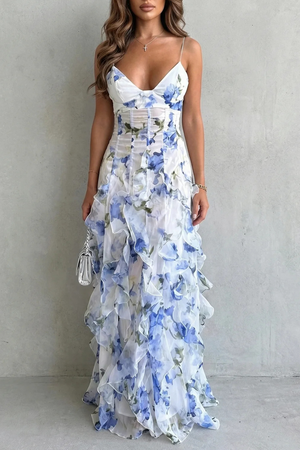 Watercolour Bloom Ruffled Chiffon Maxi Dress