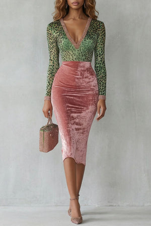 Leopard Velvet Contrast Bodycon Midi Dress