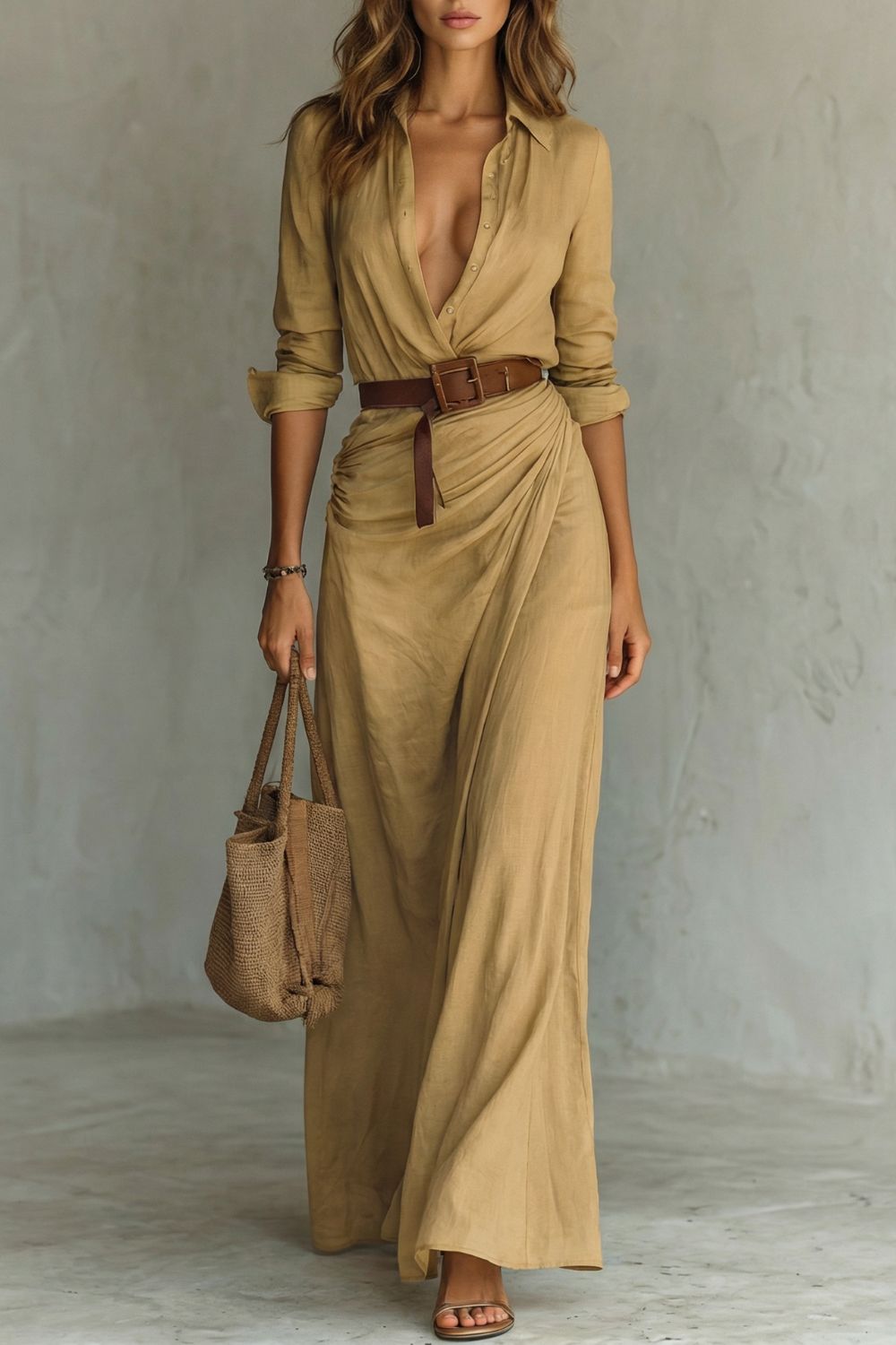 Button-Down Wrap Belted Maxi Dress