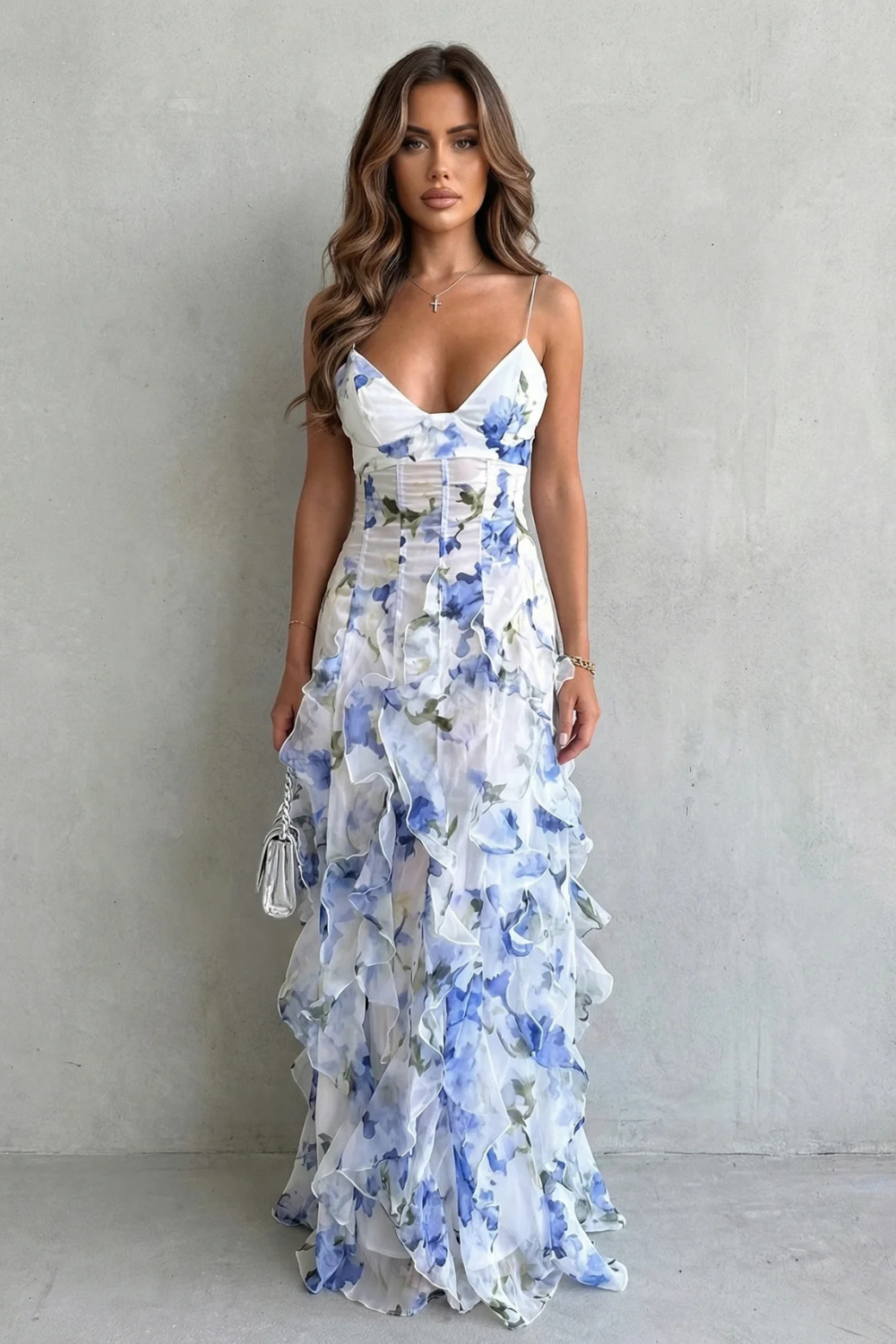 Sheer Floral Cascade Ruffled Evening Maxi Dress