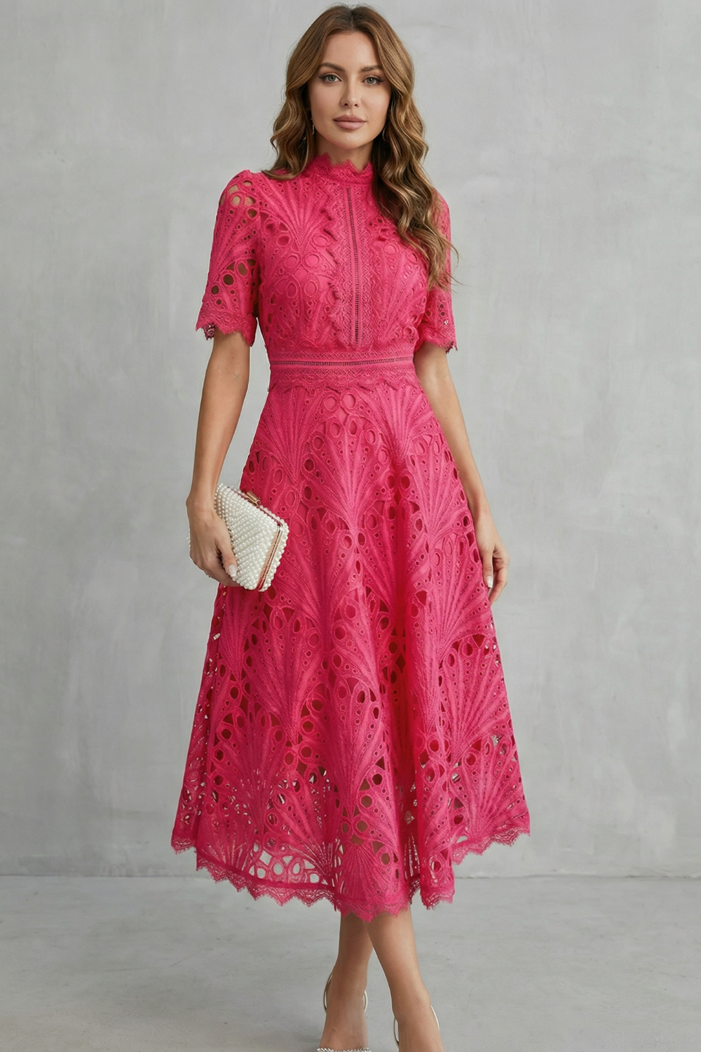 Ornate Lace High-Neck Midi Dress