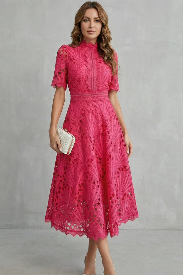 Ornate Lace High-Neck Midi Dress