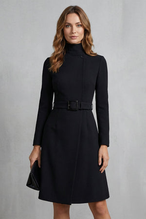 Asymmetric Belted Waist A-Line Midi Dress