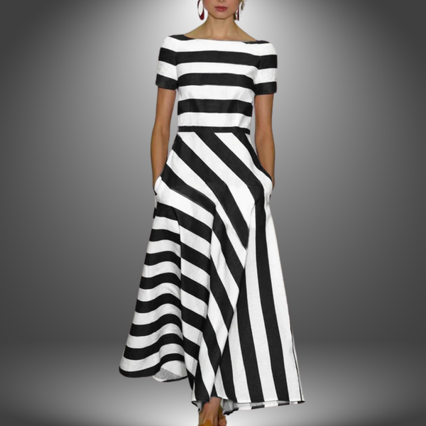 Boat Neck Striped A-Line Midi Dress With Pockets