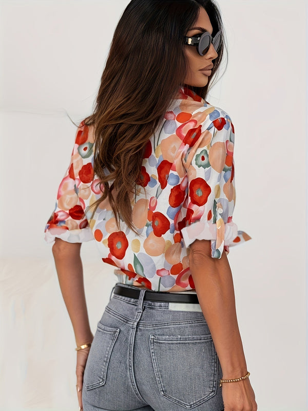Floral Print Button-Down Long Sleeve Blouse