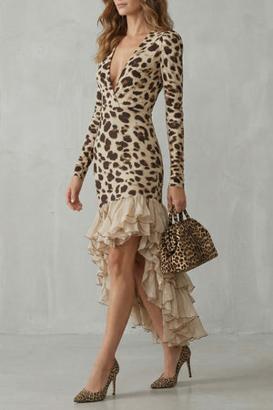 Ruffled Hem Leopard Print Midi Dress