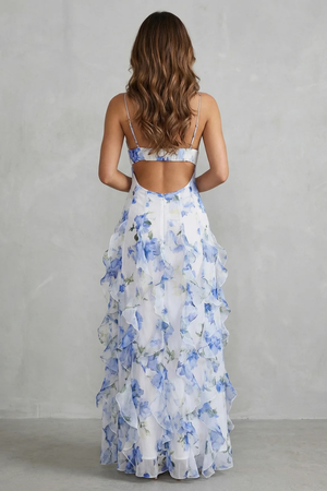 Sheer Floral Cascade Ruffled Evening Maxi Dress
