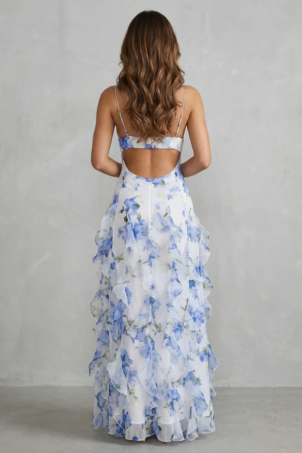 Sheer Floral Cascade Ruffled Evening Maxi Dress
