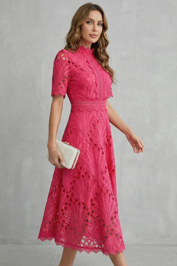 Ornate Lace High-Neck Midi Dress