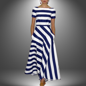 Boat Neck Striped A-Line Midi Dress With Pockets