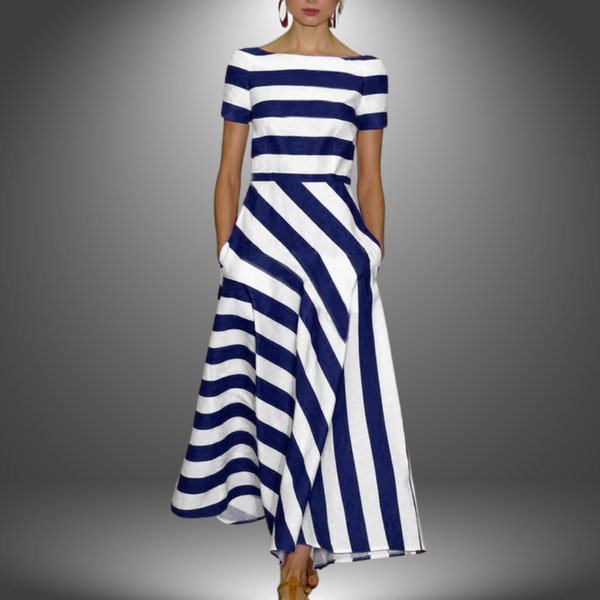 Boat Neck Striped A-Line Midi Dress With Pockets