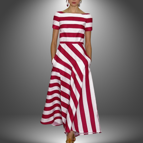 Boat Neck Striped A-Line Midi Dress With Pockets