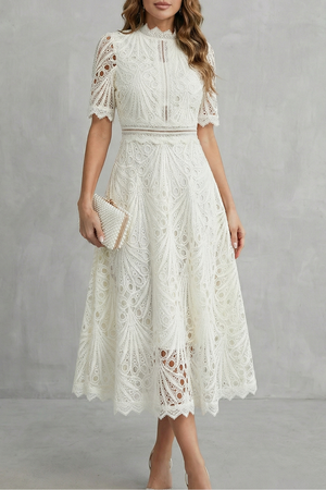 Ornate Lace High-Neck Midi Dress