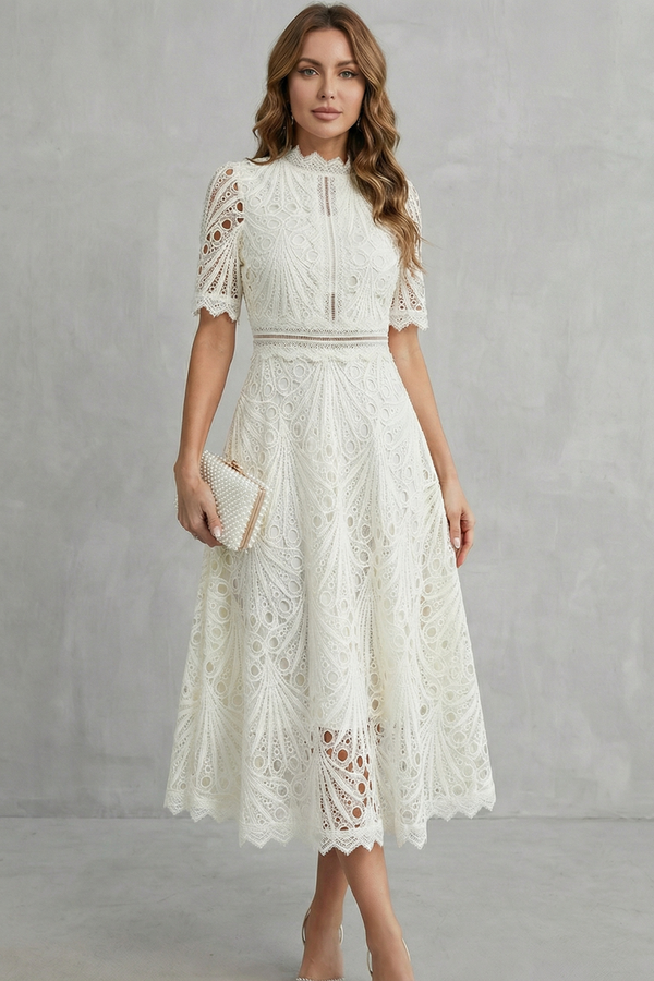Ornate Lace High-Neck Midi Dress
