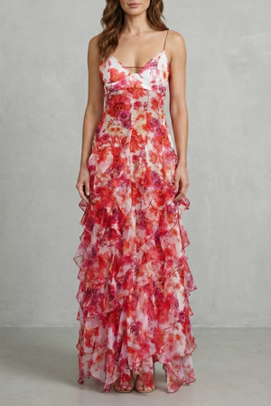 Watercolour Bloom Ruffled Chiffon Maxi Dress