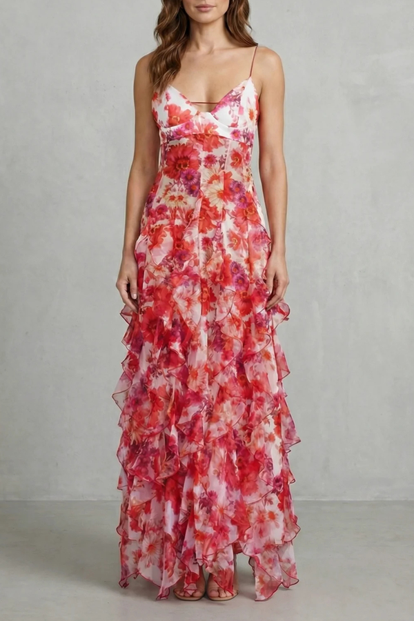 Watercolour Bloom Ruffled Chiffon Maxi Dress