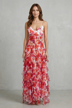 Watercolour Bloom Ruffled Chiffon Maxi Dress