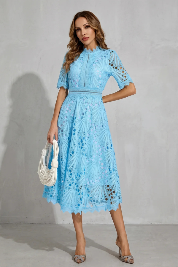 Ornate Lace High-Neck Midi Dress