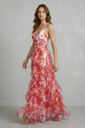Watercolour Bloom Ruffled Chiffon Maxi Dress