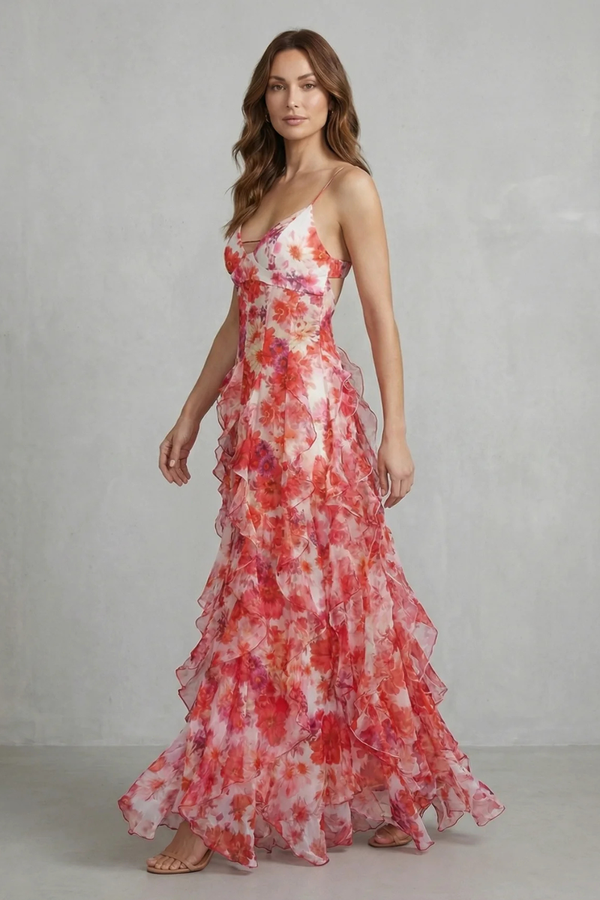 Watercolour Bloom Ruffled Chiffon Maxi Dress