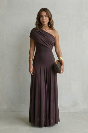 Elegant Draped Neckline One Shoulder Maxi Dress