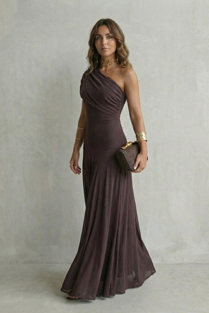 Elegant Draped Neckline One Shoulder Maxi Dress
