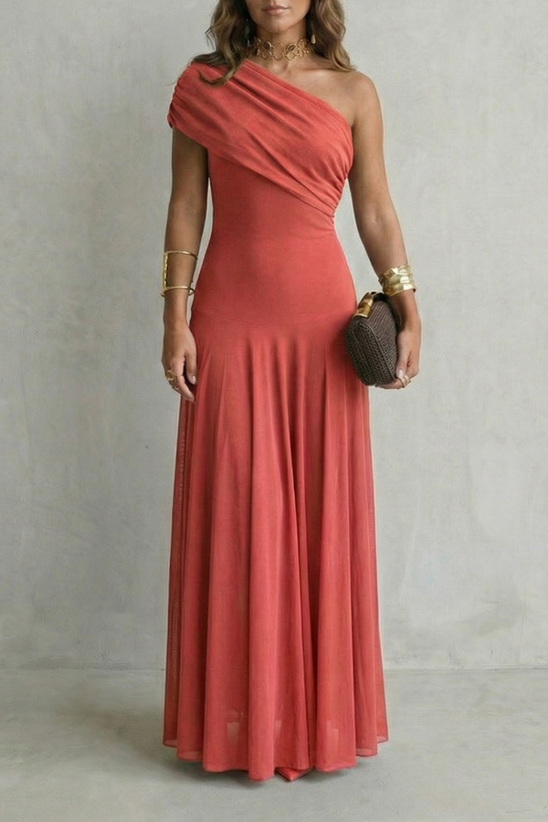 Elegant Draped Neckline One Shoulder Maxi Dress