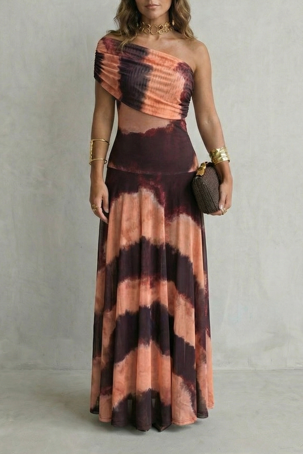 Elegant Draped Neckline One Shoulder Maxi Dress