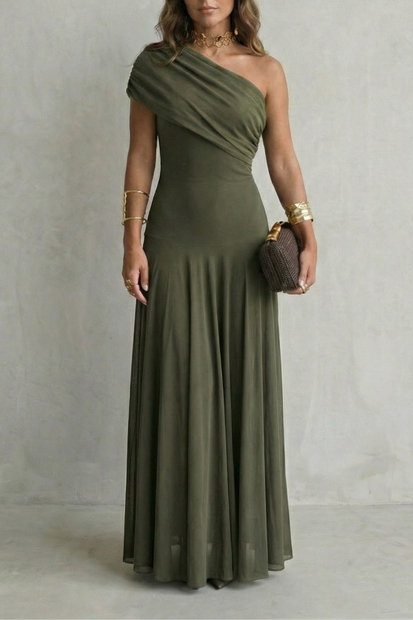 Elegant Draped Neckline One Shoulder Maxi Dress