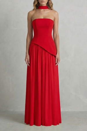 Sculpted Draped Slit Strapless Maxi Dress