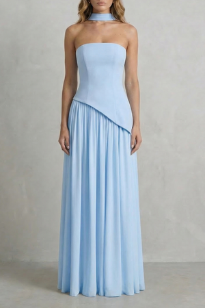 Sculpted Draped Slit Strapless Maxi Dress