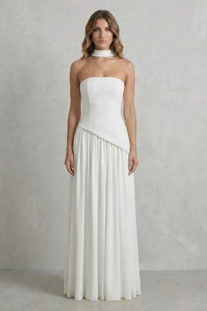 Sculpted Draped Slit Strapless Maxi Dress