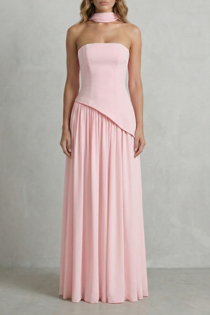 Sculpted Draped Slit Strapless Maxi Dress