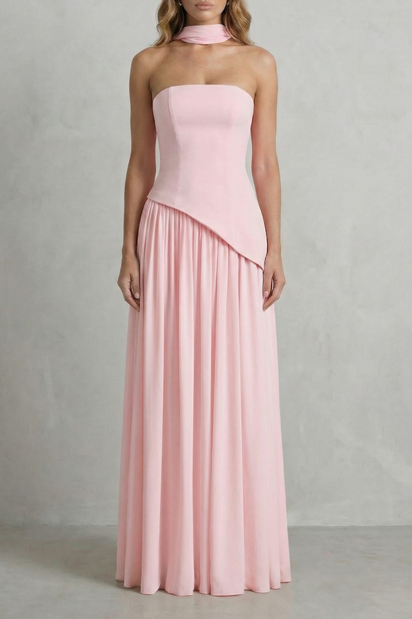Sculpted Draped Slit Strapless Maxi Dress