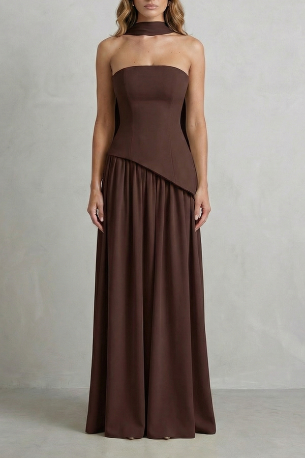 Sculpted Draped Slit Strapless Maxi Dress