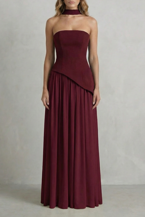 Sculpted Draped Slit Strapless Maxi Dress