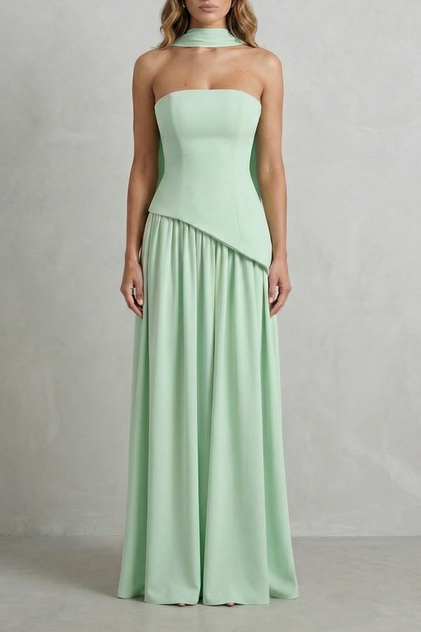 Sculpted Draped Slit Strapless Maxi Dress