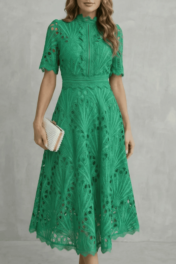 Ornate Lace High-Neck Midi Dress