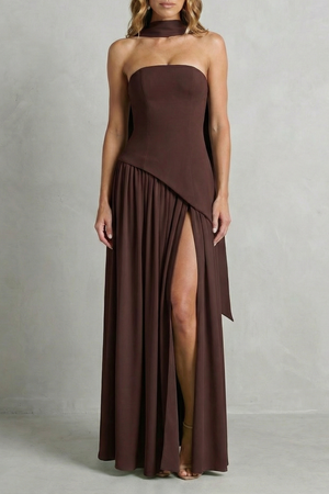 Asymmetric Drape Accent Strapless Formal Gown