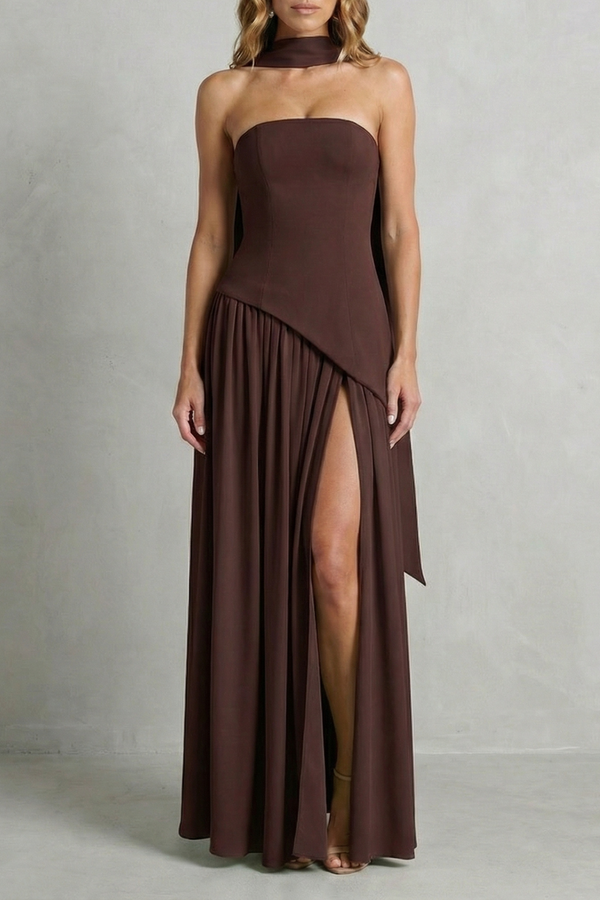 Asymmetric Drape Accent Strapless Formal Gown