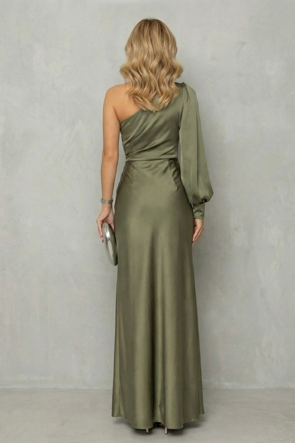 Draped Waist One Shoulder Slit Maxi Dress