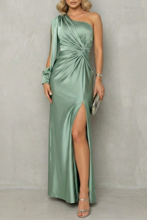 Draped Waist One Shoulder Slit Maxi Dress