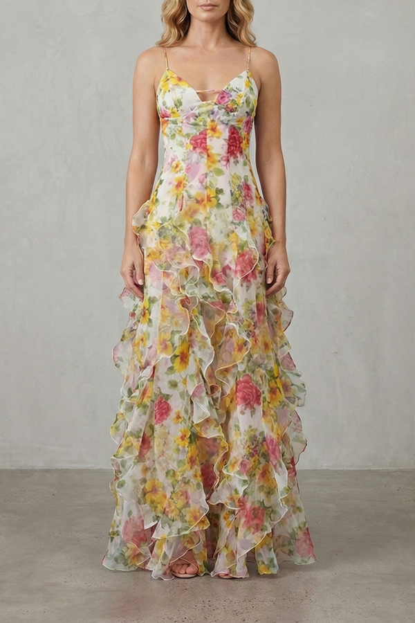 Watercolour Bloom Ruffled Chiffon Maxi Dress